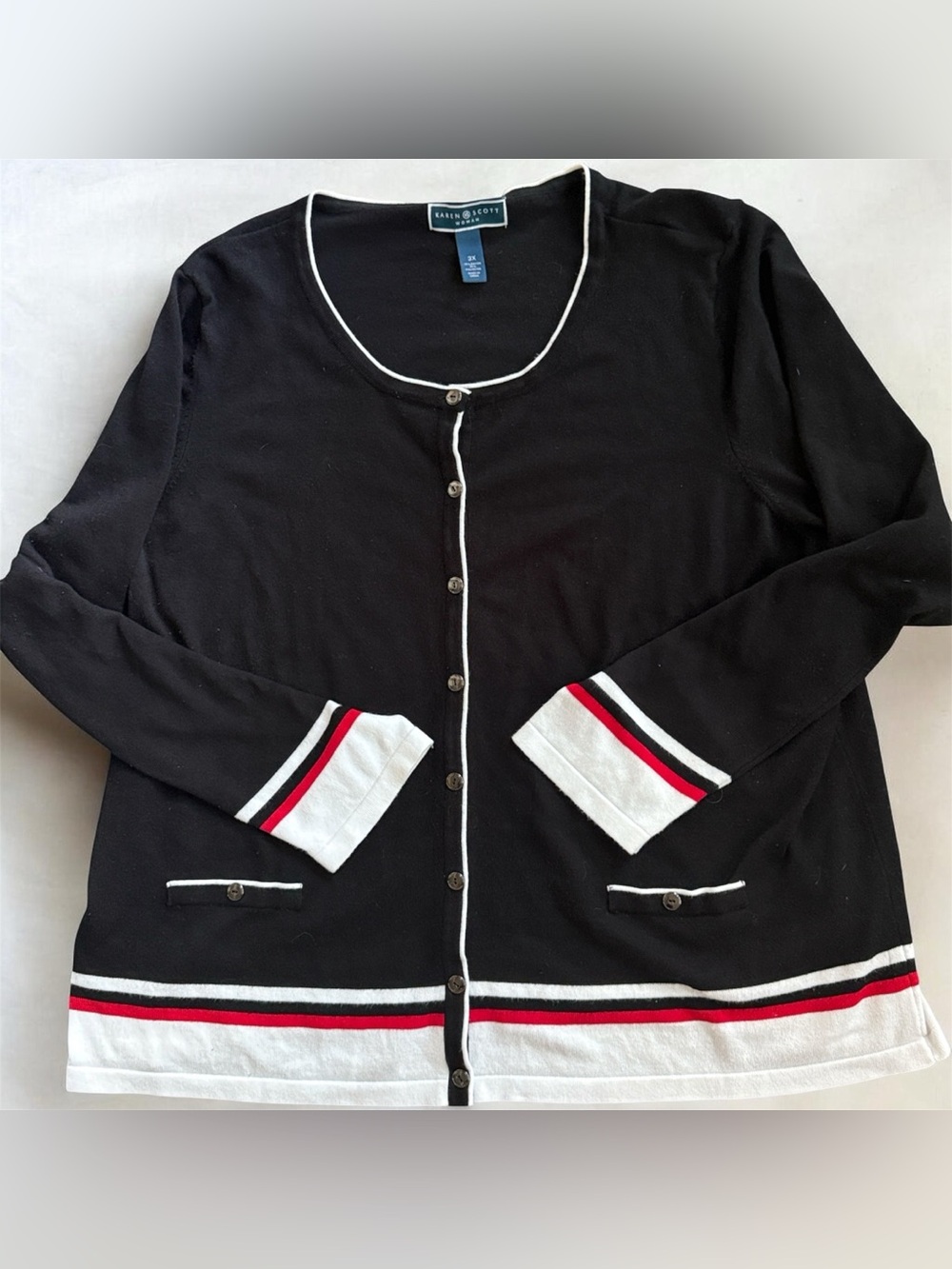 Karen Scott Woman Black Cardigan with White and Red Stripe Trim!